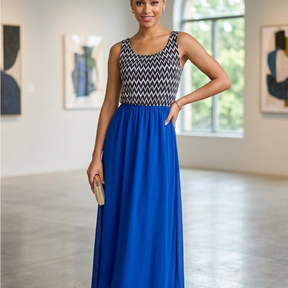 Enfocus Studio Chevron Maxi Dress Blue Black White Size 10
